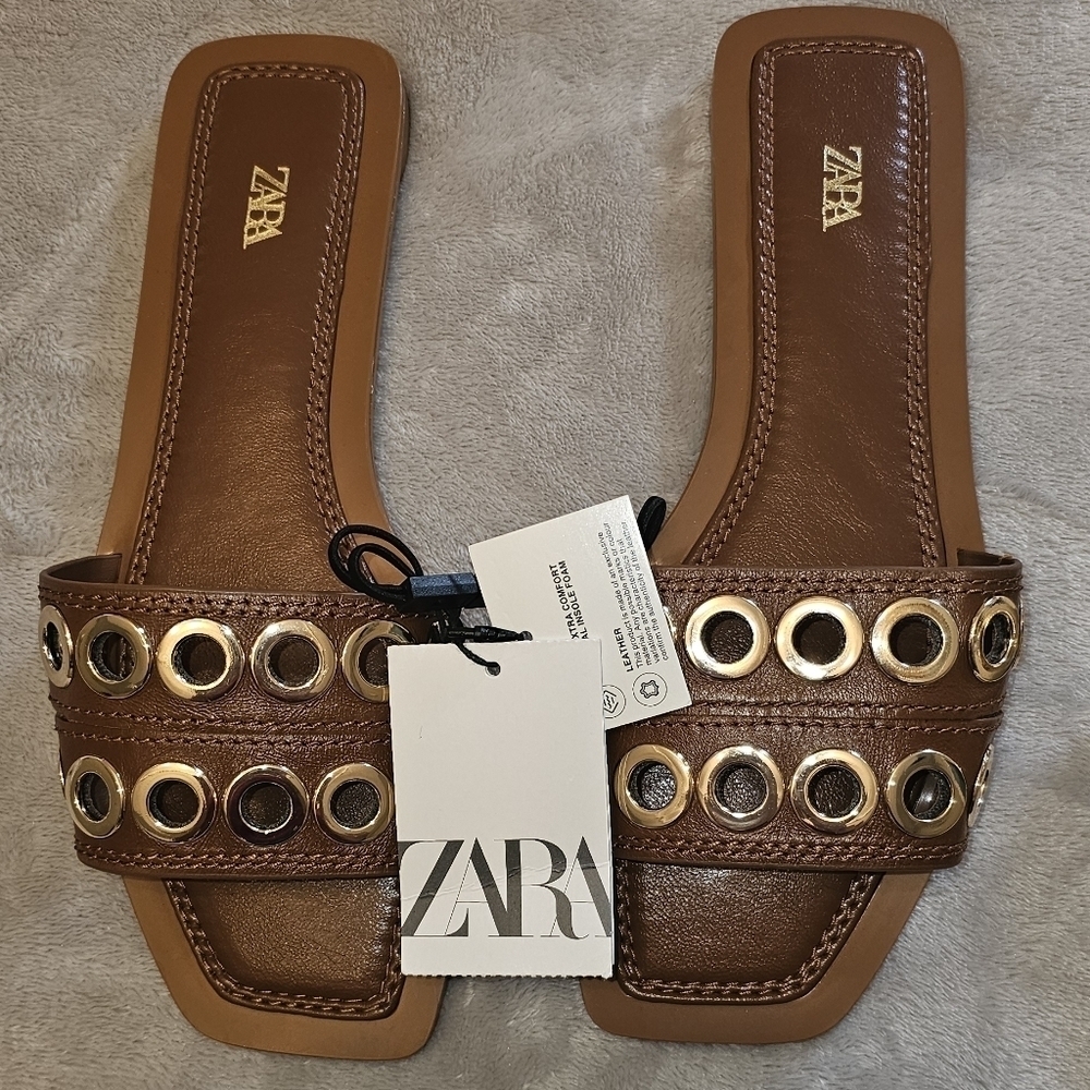 ZARA GOLD EMBELLISHED SANDAL EUR 37/ US 7 ivory and camel set Grommett - Picture 2 of 6